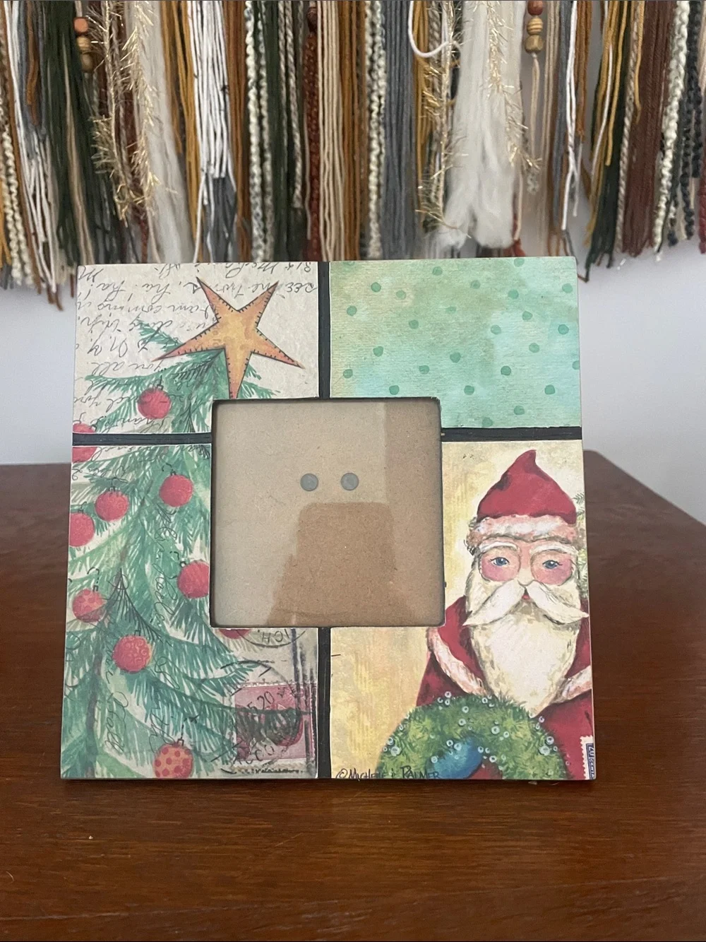 Festive Santa & Tree Painted Photo Frame - Holiday Green Red
